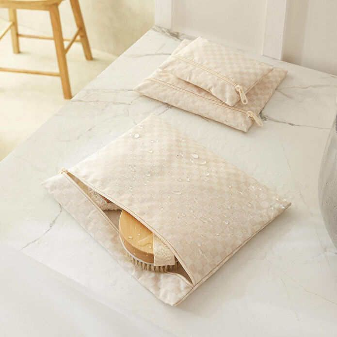 Ocean Home Textile 3'lü Su Geçirmez Pvc Astarlı Bej Dama Desen Islak Kuru Çantası 20 X 13 / 24 X 20 / 30 X 24 Cm