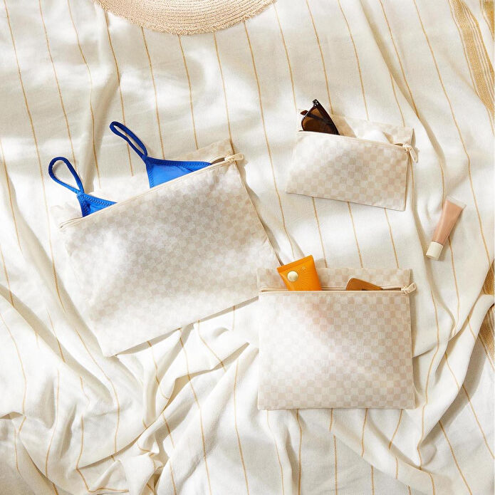 Ocean Home Textile 3'lü Su Geçirmez Pvc Astarlı Bej Dama Desen Islak Kuru Çantası 20 X 13 / 24 X 20 / 30 X 24 Cm