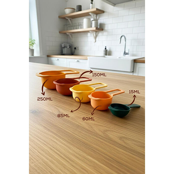 Vienev 5’li Renkli Ölçü Kaşığı Seti Toprak Renkli – (15-60-85-150-250 Ml) | Mutfak Ölçü Seti