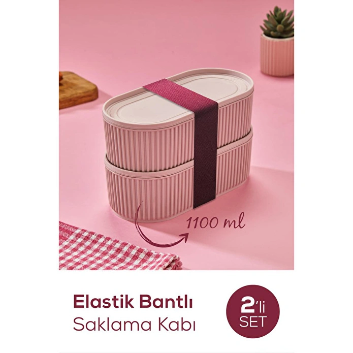 Vienev 2'li Elastik Bantlı İstiflenebilir Pratik Saklama Kabı Seti 2x(1100 Ml) Pembe