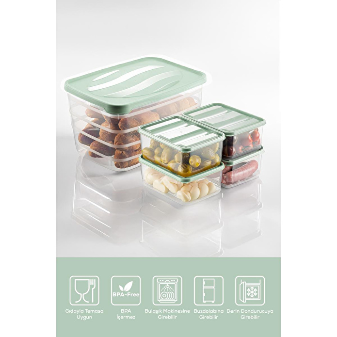 Vienev 5'li Set Dondurucu Ve Mikrodalgaya Uygun Buzdolabı Düzenleyici 1x(5 Litre) 4x(775 Ml) Mint Yeşili