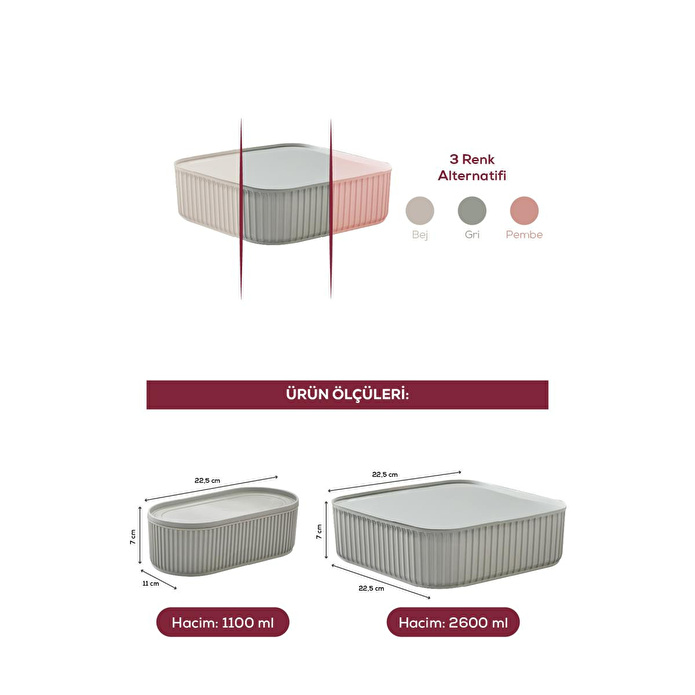 Vienev 3'lü Elastik Bantlı İstiflenebilir Pratik Saklama Kabı Seti 2x 1100 Ml 1x 2600 Ml Gri