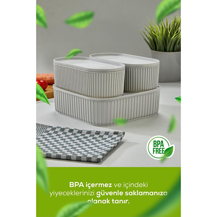Vienev 3'lü Elastik Bantlı İstiflenebilir Pratik Saklama Kabı Seti 2x 1100 Ml 1x 2600 Ml Gri