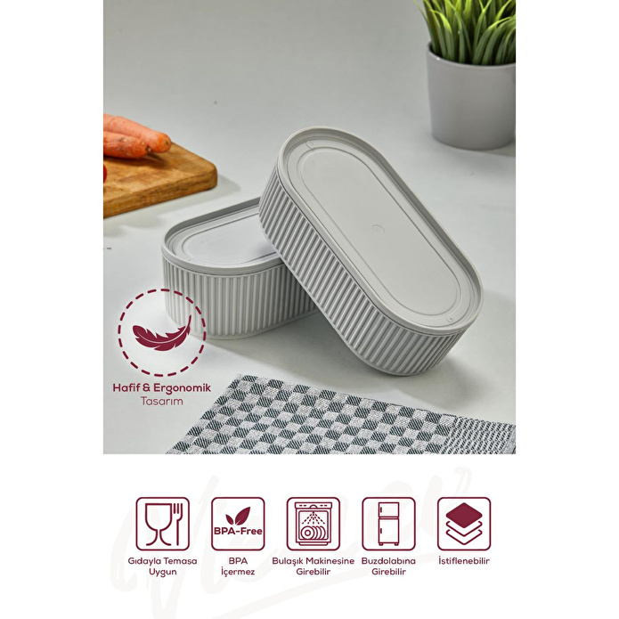 Vienev 3'lü Elastik Bantlı İstiflenebilir Pratik Saklama Kabı Seti 2x 1100 Ml 1x 2600 Ml Gri