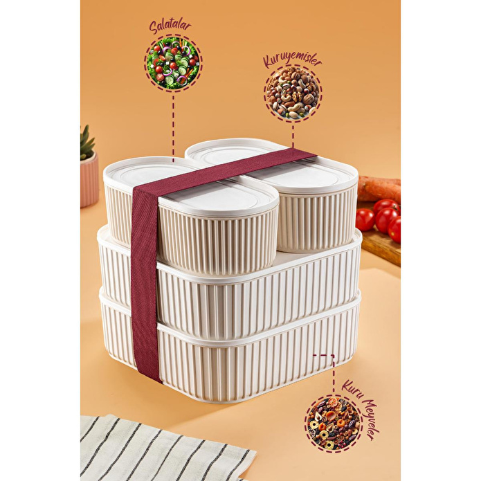 Vienev 4'lü Elastik Bantlı İstiflenebilir Pratik Saklama Kabı Seti 2x(1100 Ml) 2x(2600 Ml) Bej