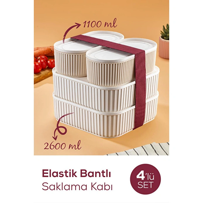 Vienev 4'lü Elastik Bantlı İstiflenebilir Pratik Saklama Kabı Seti 2x(1100 Ml) 2x(2600 Ml) Bej