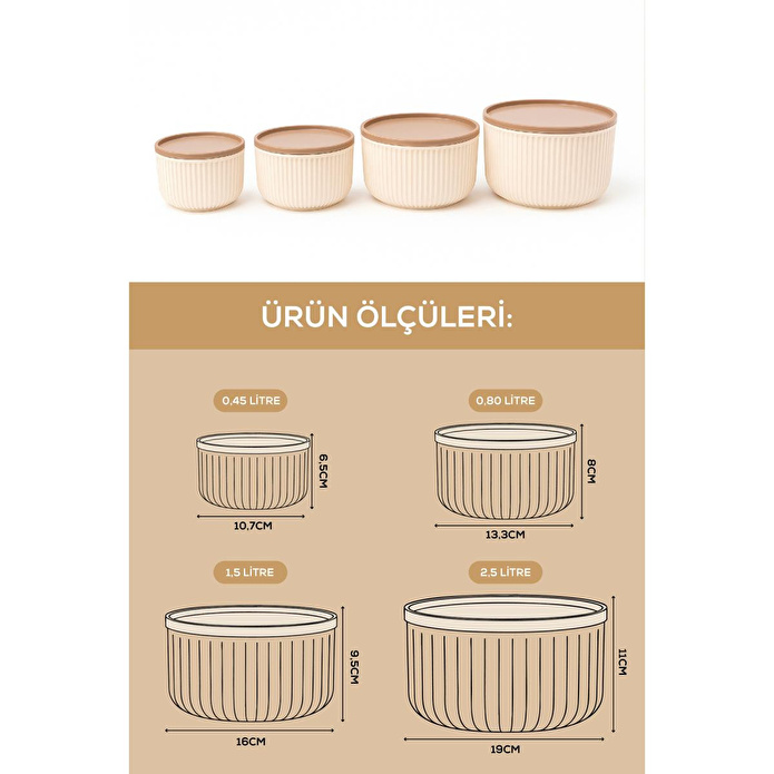Vienev 16'lı Çizgili Yuvarlak Saklama Kabı Seti Bej
