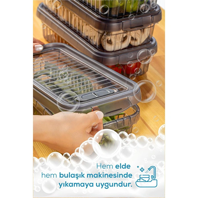 Vienev 3lü Kendinden Çizgili Kilitli Kapaklı Saklama Kabı Seti 2 Litre