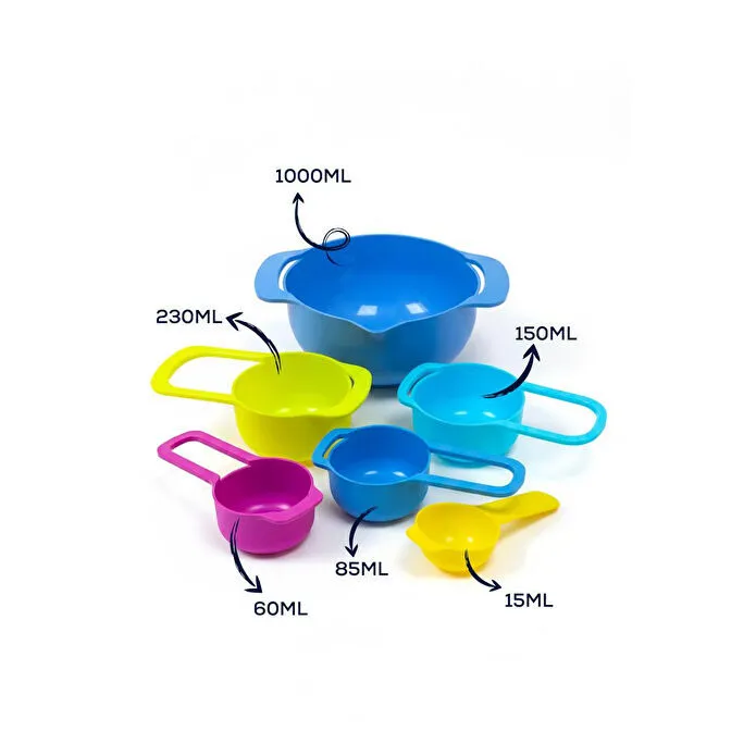 Vienev Renkli 6 Parça İç İçe Geçen Ölçü Kabı Ve Karıştırma Kasesi Seti | 1000-230-150-85-60-15 Ml