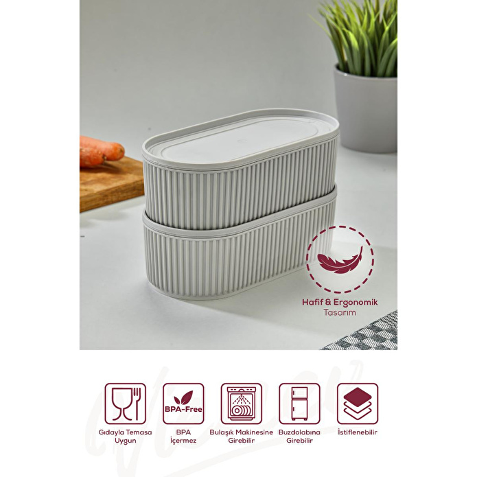 Vienev 2'li Elastik Bantlı İstiflenebilir Pratik Saklama Kabı Seti 2x 1100 Ml Gri