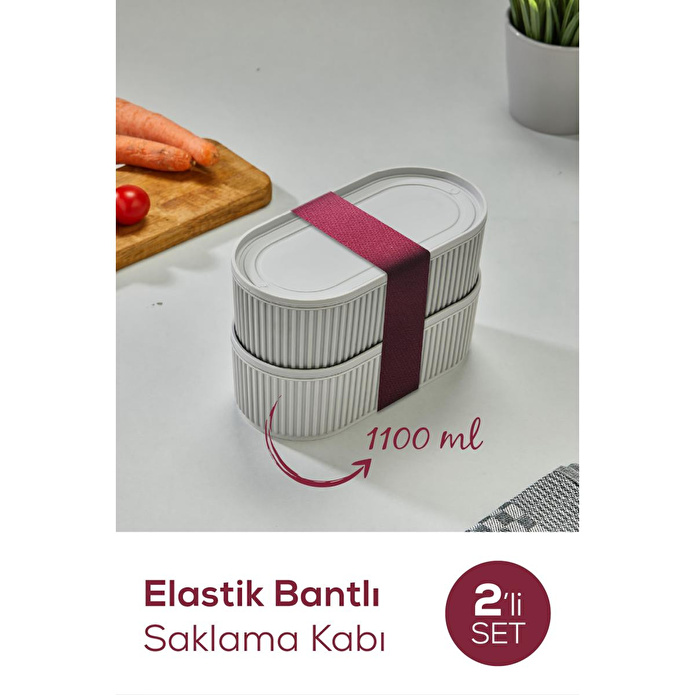 Vienev 2'li Elastik Bantlı İstiflenebilir Pratik Saklama Kabı Seti 2x 1100 Ml Gri