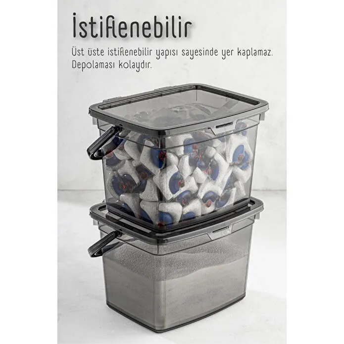 Vienev 2li 4 Litre Toz Tablet Deterjan Saklama Kabı - Deterjan Kutusu, Toz Tablet Deterjan Kabı Antrasit