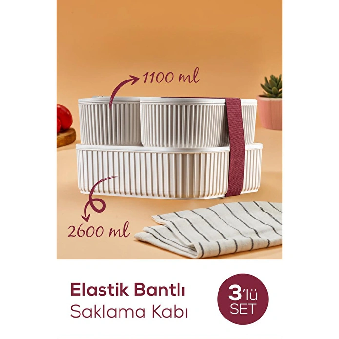 Vienev 3'lü Elastik Bantlı İstiflenebilir Pratik Saklama Kabı Seti 2x 1100 Ml 1x 2600 Ml Bej