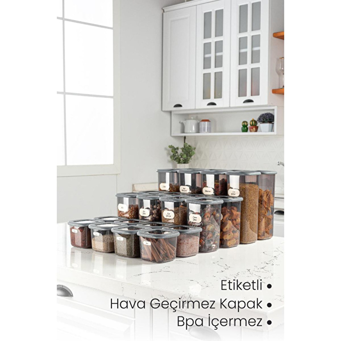 Vienev 24'lü Etiketli Poly Kare Erzak Saklama Kabı Set 8x(0,55 Li̇tre, 1,2 Li̇tre, 1,75 Li̇tre) Antrasit