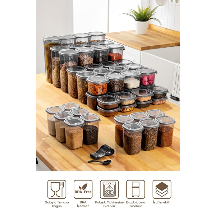 Vienev 42'li Etiketli Hava Geçirmez Erzak Ve Baharat Saklama Kabı Seti Kaşıklı Antrasit