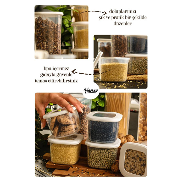 Vienev Renkli Etiketli Kare Erzak Saklama Kabı 6lı Set 1,2 Litre Beyaz