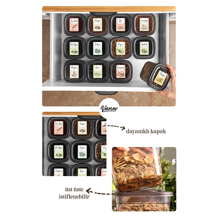 Vienev 24lü Renkli Etiketli Peggy Kare Erzak Ve Baharat Full Set 6x(1,75 1,2, 0,55, 0,45) Ant