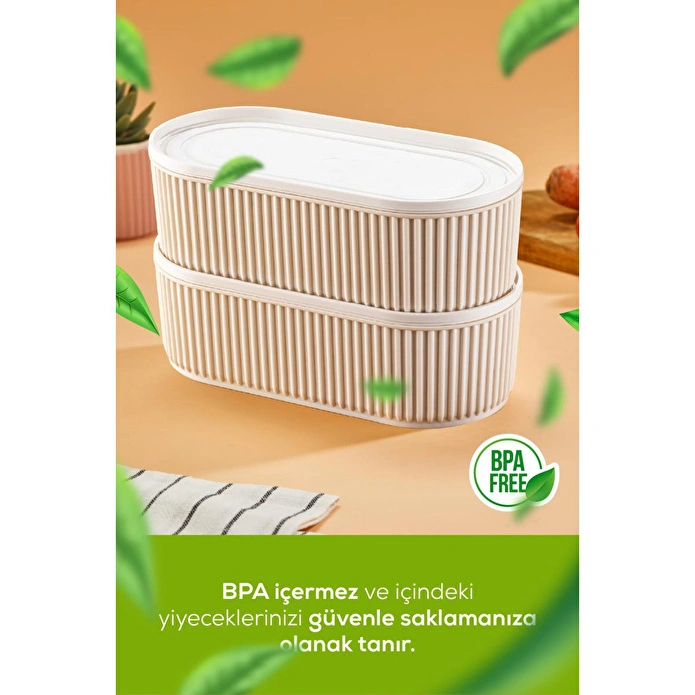 Vienev 2'li Elastik Bantlı İstiflenebilir Pratik Saklama Kabı Seti 2x(1100 Ml) Bej