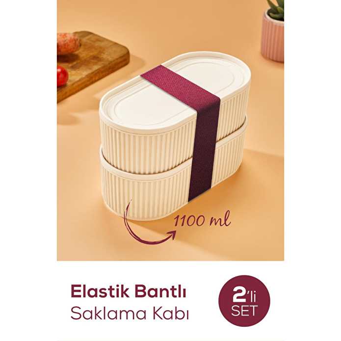 Vienev 2'li Elastik Bantlı İstiflenebilir Pratik Saklama Kabı Seti 2x(1100 Ml) Bej