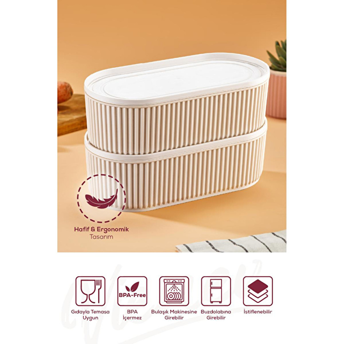 Vienev 2'li Elastik Bantlı İstiflenebilir Pratik Saklama Kabı Seti 2x(1100 Ml) Bej