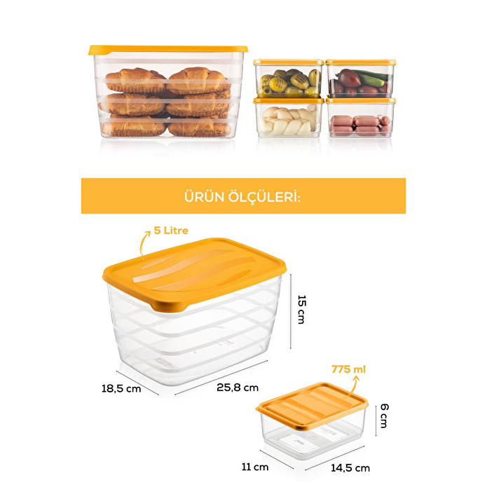 Vienev 5'li Set Dondurucu Ve Mikrodalgaya Uygun Buzdolabı Düzenleyici 1x(5 Litre) 4x(775 Ml) Turuncu