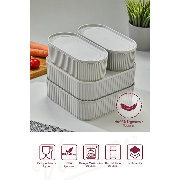 Vienev 4'lü Elastik Bantlı İstiflenebilir Pratik Saklama Kabı Seti 2x 1100 Ml 2x 2600 Ml Gri