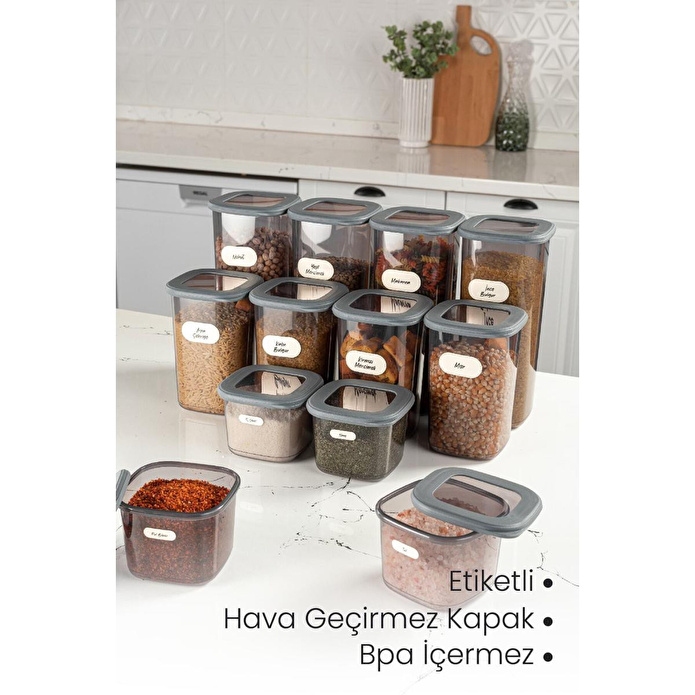 Vienev 12'li Set Etiketli Kare Erzak Saklama Kabı 4x(0,55 Li̇tre, 1,2 Li̇tre, 1,75 Li̇tre) Antrasit