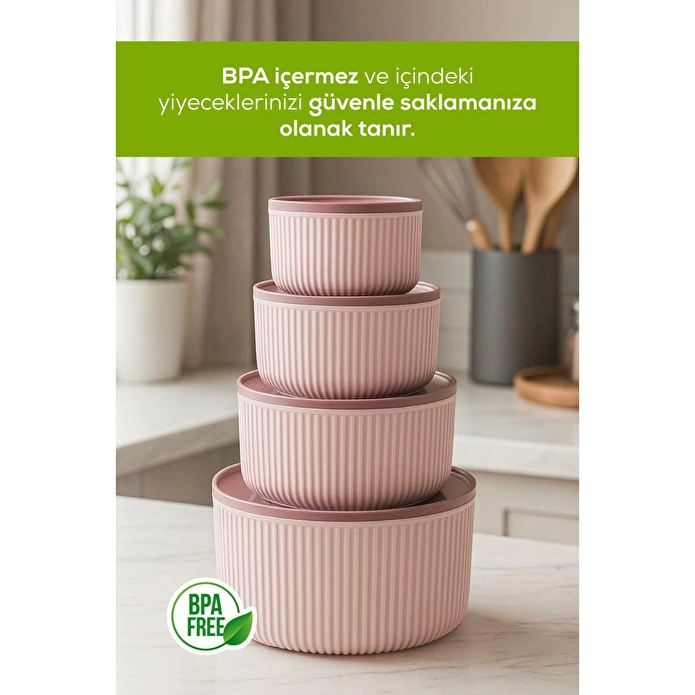 Vienev 8'li Çizgili Yuvarlak Saklama Kabı Seti Pembe