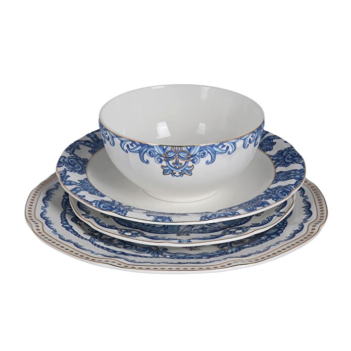 Lucky Art Florance Mavi&beyaz Desenli New Bone China Porselen 24 Parça Yemek Takımı