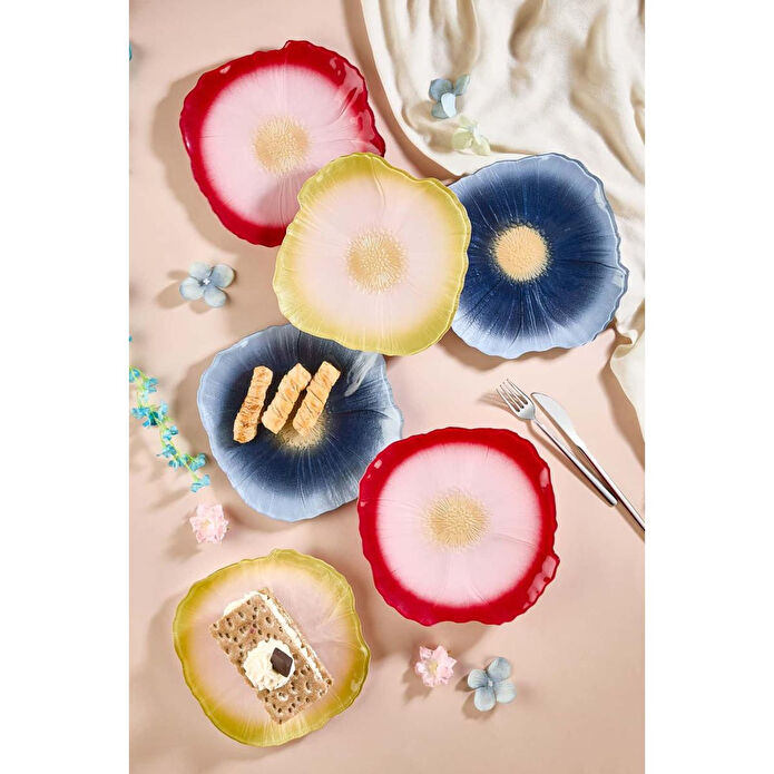 Lora Bianca Alba 6'lı Çiçek Pasta Servis Sunum Tabağı Seti Renkli