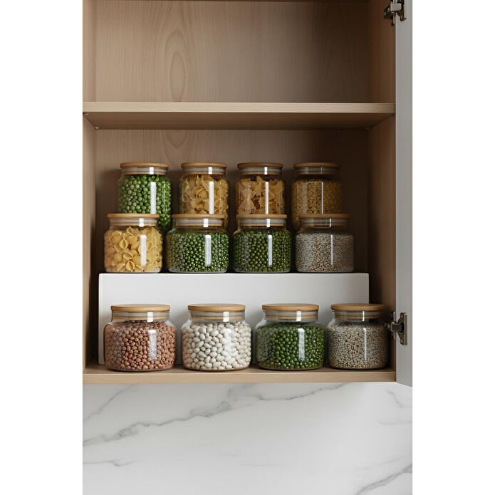 Rakle Basic Bambu Kapaklı 12'li Cam Kavanoz Seti 350 Cc