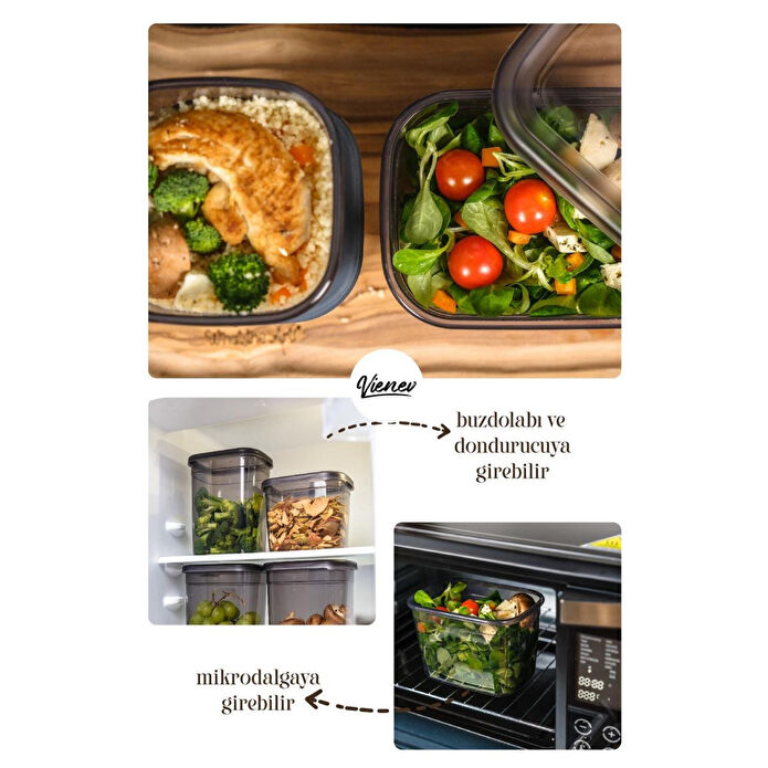 Vienev Beyaz Serigrafi Etiketli 12li Peggy Dikdörtgen Saklama Kabı Seti 1500 Ml Antrasit