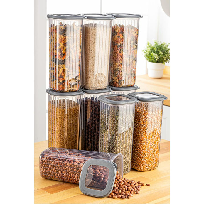 Vienev 9'lu 1,75 Litre Poly Kapak Çizgili Desenli Saklama Kabı Antrasit Beyaz Serigrafi Etketli