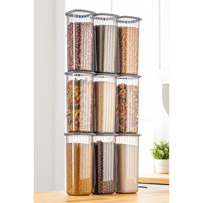 Vienev 9'lu 1,75 Litre Poly Kapak Çizgili Desenli Saklama Kabı Antrasit Beyaz Serigrafi Etketli