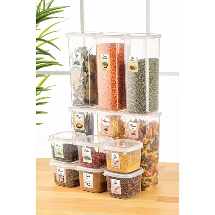 Vienev Renkli Etiketli 12li Peggy Kare Erzak Saklama Kabı 6x(0,55 Litre, 1,75 Litre) Beyaz