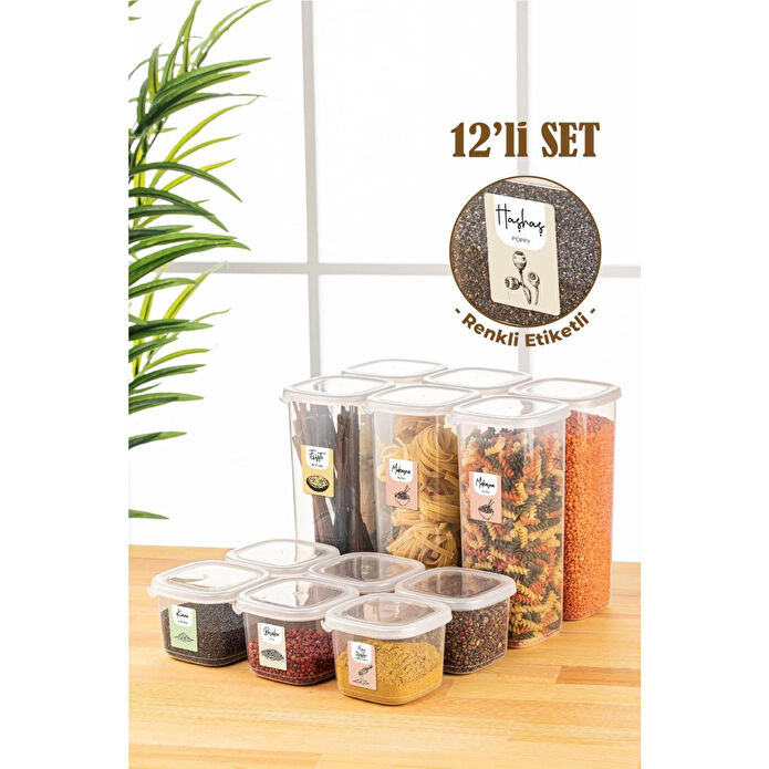 Vienev Renkli Etiketli 12li Peggy Kare Erzak Saklama Kabı 6x(0,55 Litre, 1,75 Litre) Beyaz