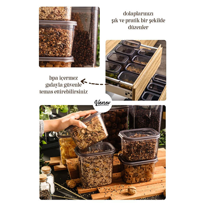 Vienev Renkli Etiketli 6lı Peggy Dikdörtgen Saklama Kabı Seti 2x(1500-1150-800 Ml) Antrasit