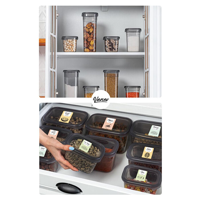 Vienev Renkli Etiketli 6lı Peggy Dikdörtgen Saklama Kabı Seti 2x(1500-1150-800 Ml) Antrasit