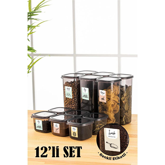 Vienev Renkli Etiketli 12li Peggy Kare Erzak Saklama Kabı 6x(0,55 Litre, 1,75 Litre) Antrasit