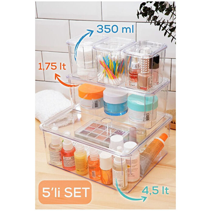 Vienev 5'li Kapaklı Saklama Kabı Seti Çok Amaçlı Saklama Kutusu Beyaz