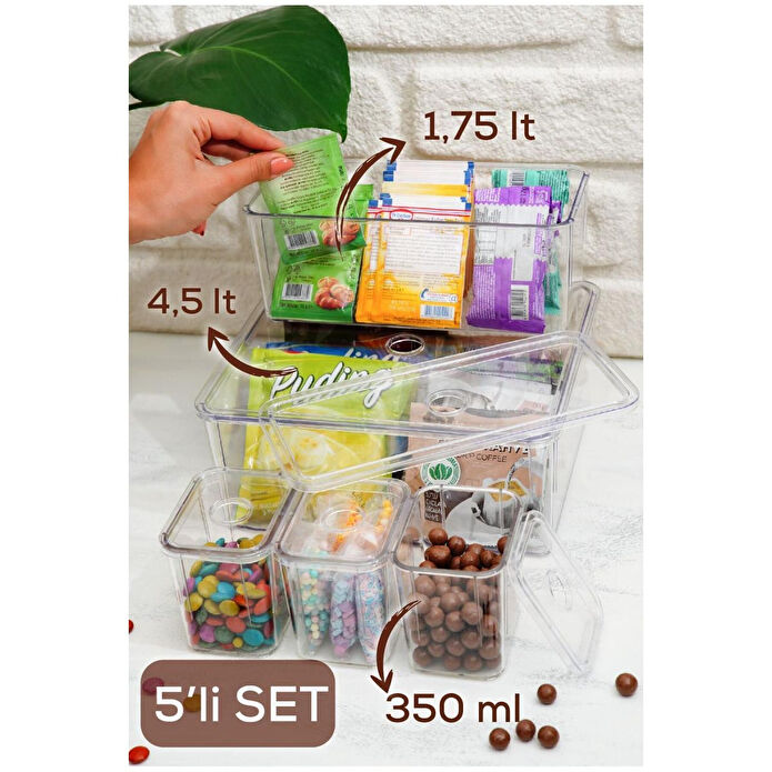 Vienev 5'li Kapaklı Saklama Kabı Seti Çerezlik Atıştırmalık Kutusu Şeffaf