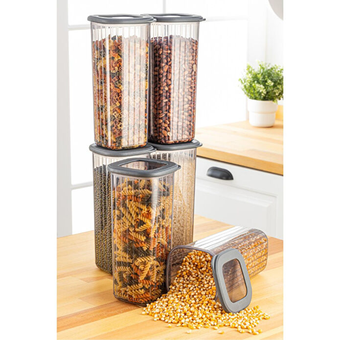 Vienev 6'lı 1,75 Litre Poly Kapak Çizgili Desenli Saklama Kabı Antrasit Beyaz Serigrafi Etketli