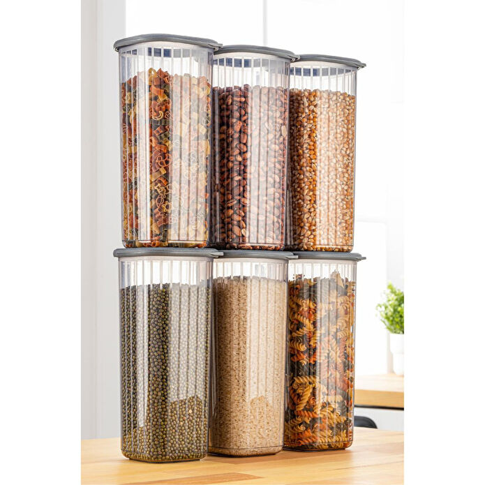 Vienev 6'lı 1,75 Litre Poly Kapak Çizgili Desenli Saklama Kabı Antrasit Beyaz Serigrafi Etketli