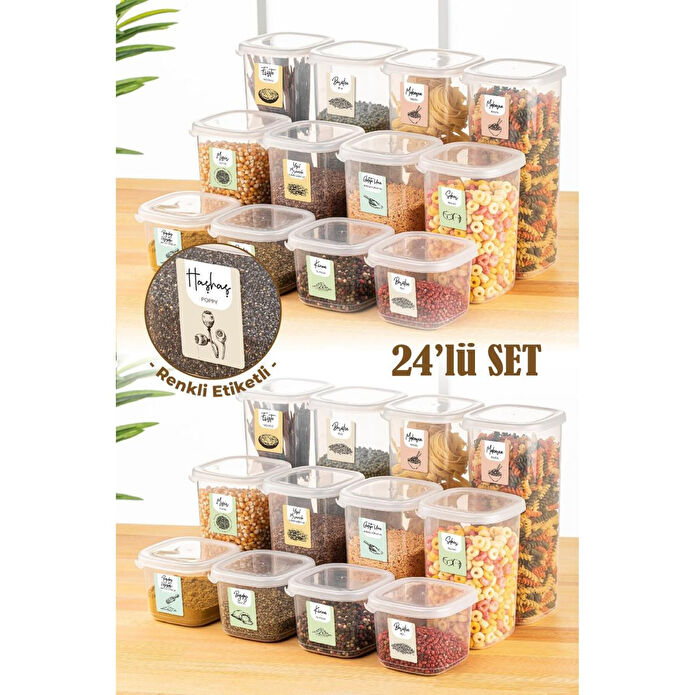 Vienev Renkli Etiketli 24lü Peggy Kare Erzak Saklama Kabı 8x(0,55 Litre, 1,2 Litre, 1,75 Litre) Beyaz