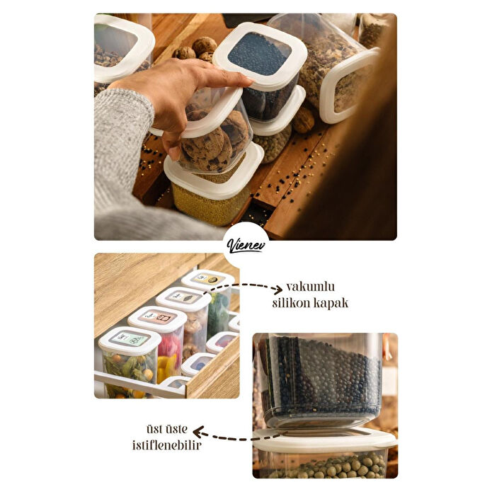 Vienev Renkli Etiketli 15li Foly Kare Erzak Saklama Kabı 9x(0,55 Litre) 6x(1,75 Litre) Beyaz