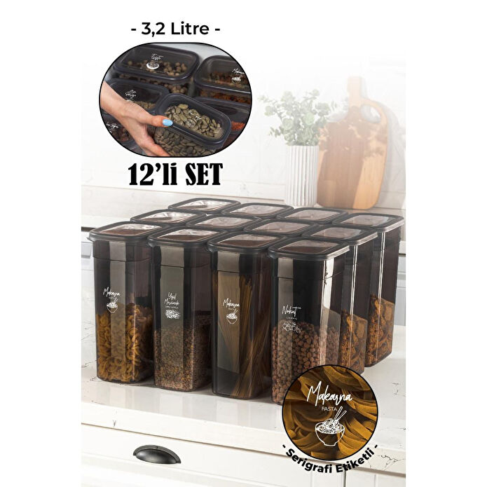 Vienev Beyaz Serigrafi Etiketli 12li Set Peggy Şeffaf Kapaklı Uzun Dikdörtgen Saklama Kabı 3,2 Litre