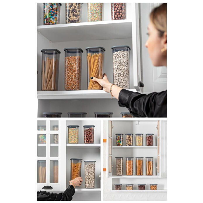 Vienev Etiketli Kare Erzak Saklama Kabı 6'lı Set 2x(0,55 Litre, 1,2 Litre, 1,75 Litre) Antrasit