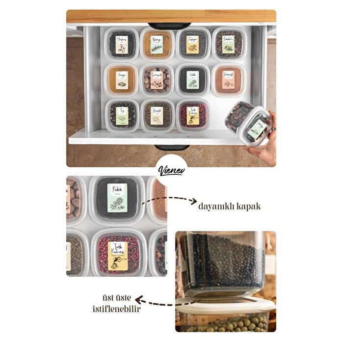 Vienev Renkli Etiketli 6lı Peggy Kare Erzak Saklama Kabı 2x(0,55 Litre, 1,2 Litre, 1,75 Litre) Beyaz