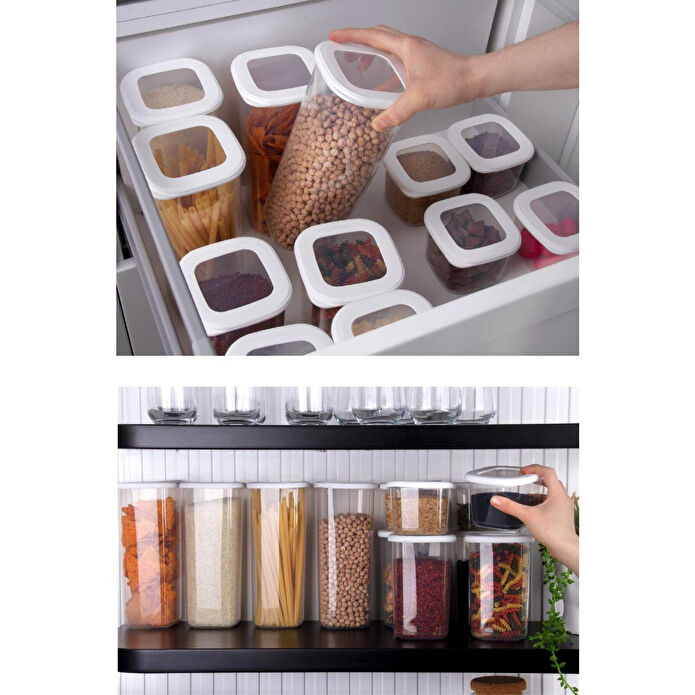 Vienev Etiketli Kaşıklı Kare Erzak Saklama Kabı 6'lı Set Küçük Boy 0,55 Litre Beyaz