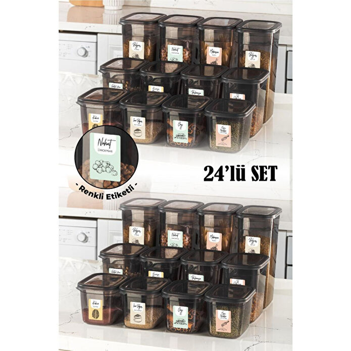 Vienev Renkli Etiketli 24lü Set Peggy Dikdörtgen Saklama Kabı 8x(1,3-2-3,2 Litre) Antrasit